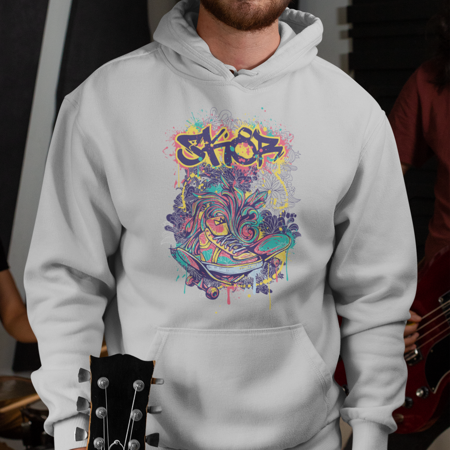 broken skateboard street art pullover hoodie featuring a bold, graffiti-inspired design of a shattered skateboard, blending urban creativity and skate culture with comfort and style.