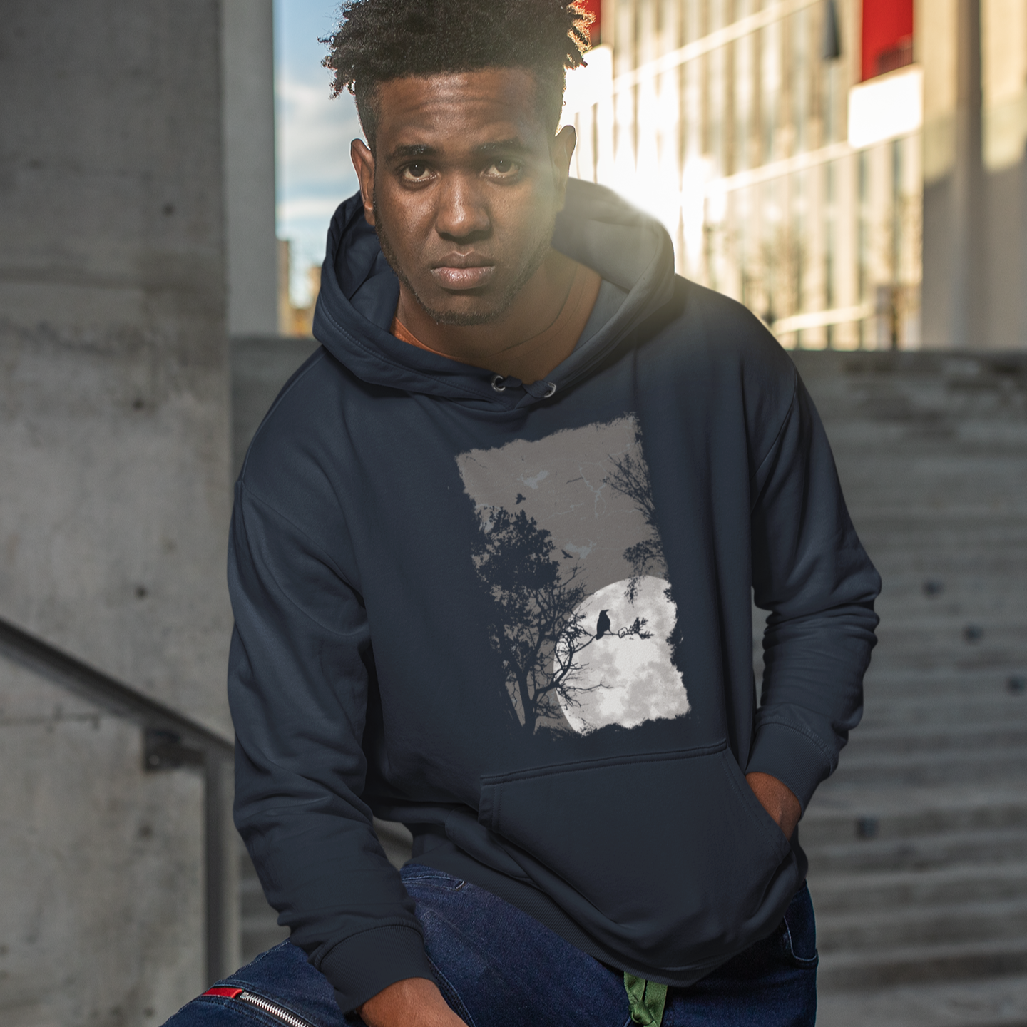 night raven crow men's contrast hoodie featuring a detailed raven design with a nature-inspired backdrop, paired with bold contrasting accents for a modern and mysterious look.