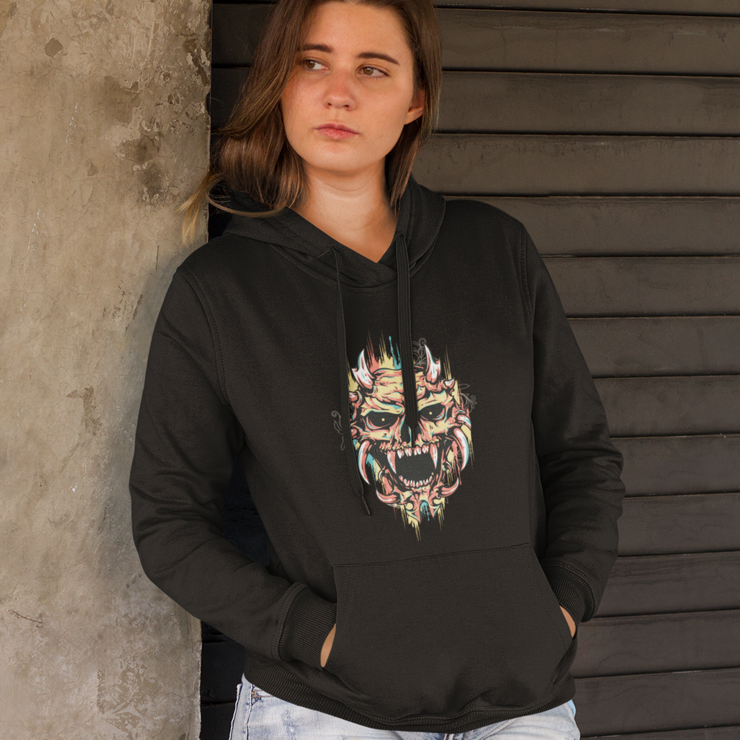 monster skull black hoodie featuring a bold and intricate skull graphic design, perfect for a fearless and edgy style statement.