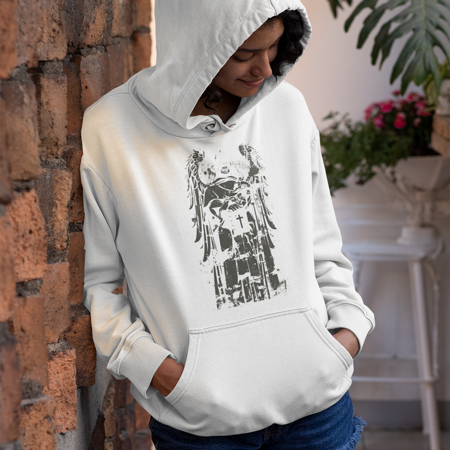 cross scary angel men's hoodie with a sacred angel and cross design on the back, featuring bold and intricate details, perfect for streetwear style.