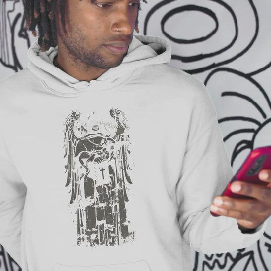 Cross Scary Angel Men's Hoodie with a sacred angel and cross design on the back, featuring bold and intricate details, perfect for streetwear style.