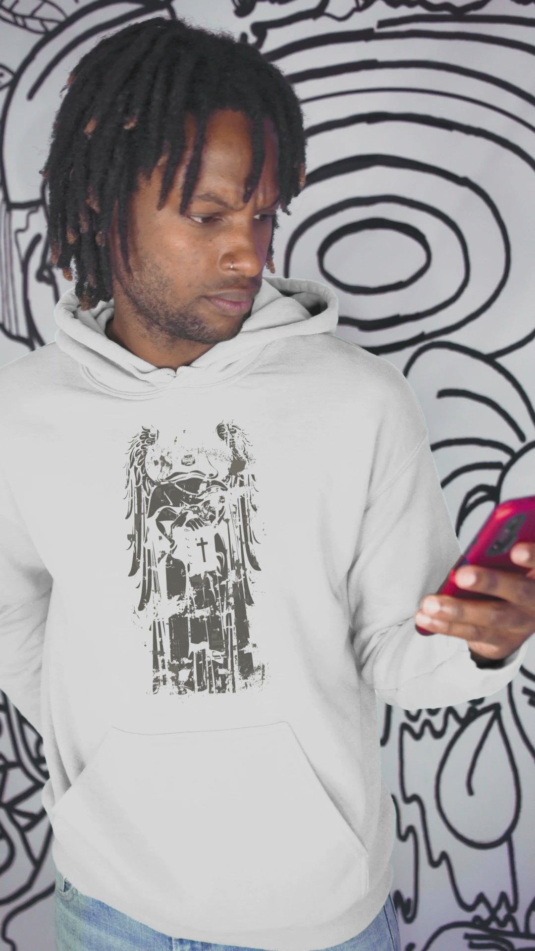 Cross Scary Angel Men's Hoodie with a sacred angel and cross design on the back, featuring bold and intricate details, perfect for streetwear style.