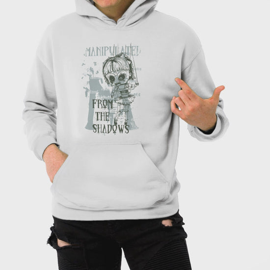 Manipulate Doll Controller Men's Hoodie featuring a unique design of hands gripping strings, controlling a puppet, symbolizing power and control, perfect for bold, confident style.