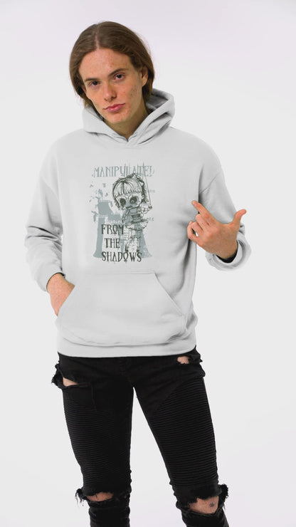 Manipulate Doll Controller Men's Hoodie featuring a unique design of hands gripping strings, controlling a puppet, symbolizing power and control, perfect for bold, confident style.