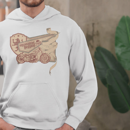 Vintage Label Motorcycle Hoodie featuring a retro motorcycle graphic and distressed label design, inspired by classic motorcycle culture, crafted for comfort and a timeless, rugged look.