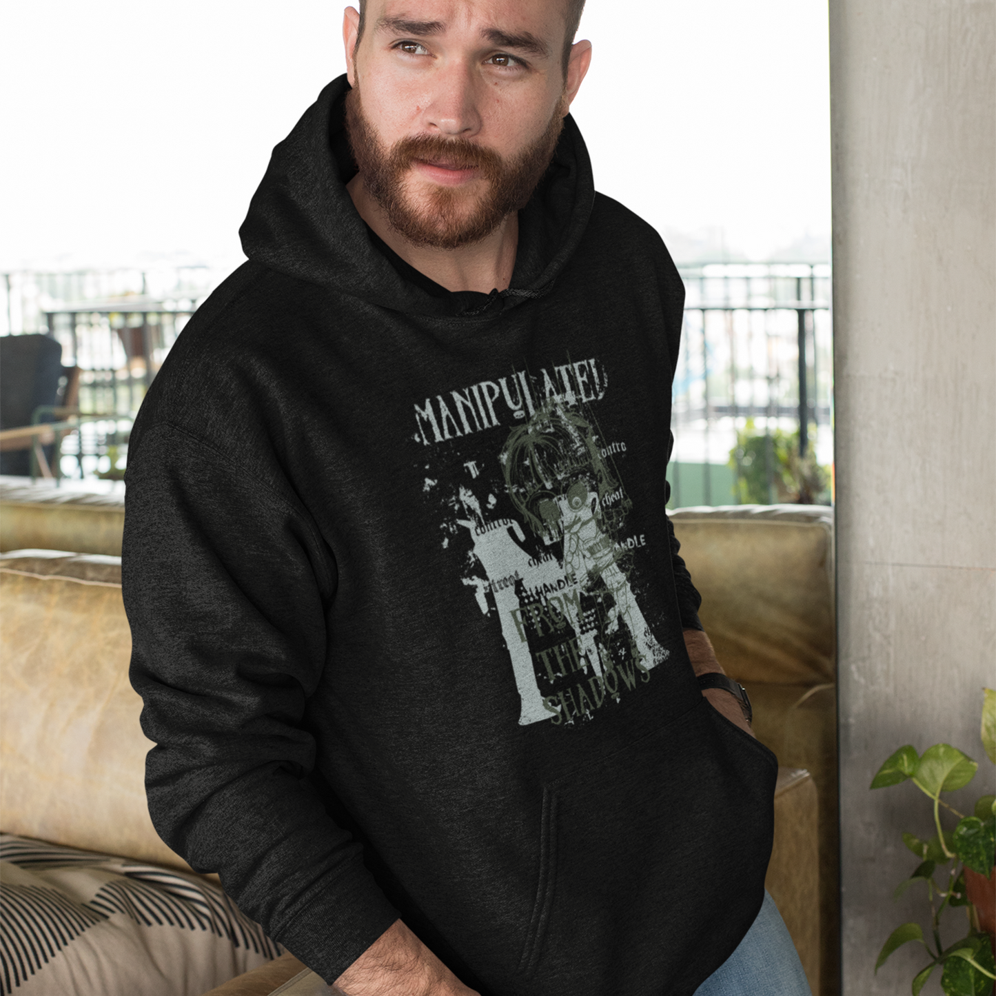 manipulate doll controller men's hoodie featuring a unique design of hands gripping strings, controlling a puppet, symbolizing power and control, perfect for bold, confident style.