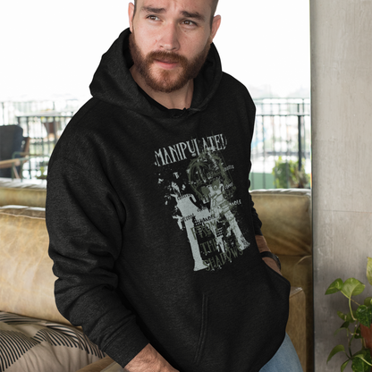 Manipulate Doll Controller Men's Hoodie featuring a unique design of hands gripping strings, controlling a puppet, symbolizing power and control, perfect for bold, confident style.