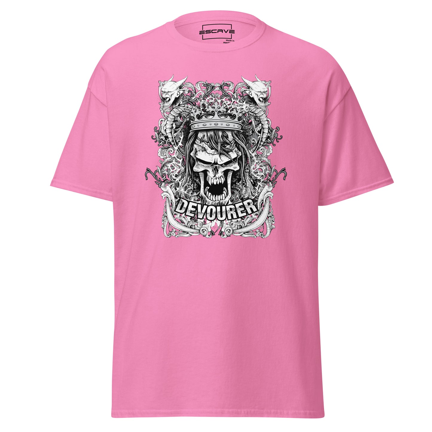 gothic t-shirt featuring a crowned skull with intricate baroque frame details and fierce demon horns, blending dark elegance with bold, modern design elements.