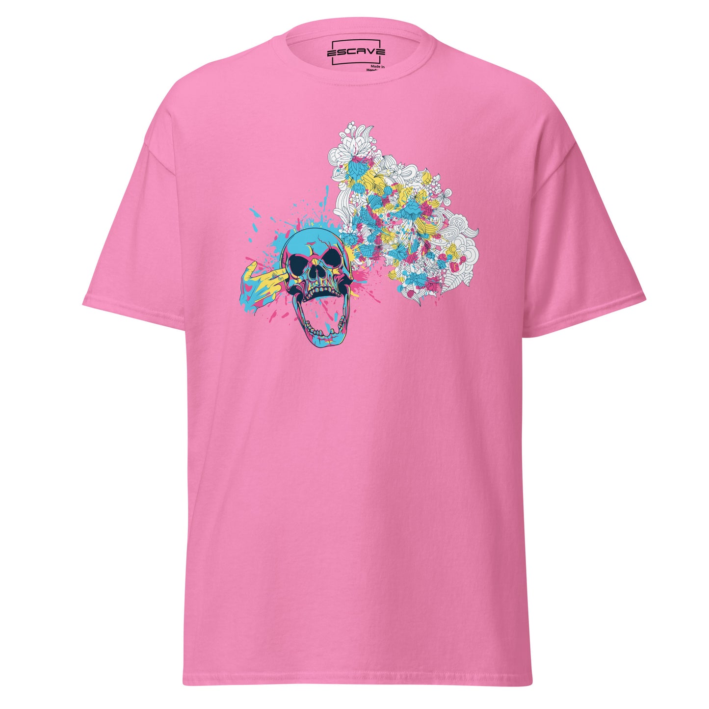 a weathered skull surrounded by soft, blooming flowers symbolizes life's delicate balance in the skull and blossoms t-shirt. this artistic design captures the harmony between strength and grace, blending bold contrasts with timeless beauty.