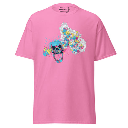 A weathered skull surrounded by soft, blooming flowers symbolizes life's delicate balance in the Skull and Blossoms T-Shirt. This artistic design captures the harmony between strength and grace, blending bold contrasts with timeless beauty.