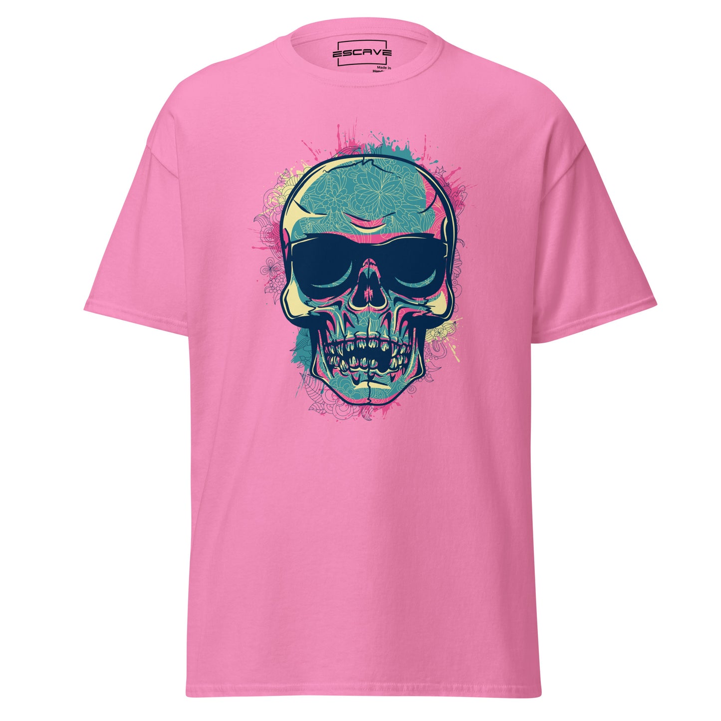 colourful skull graphic t-shirt featuring an intricately designed skull with detailed engravings, sunglasses, and dynamic splatter effects around it. a bold, artistic statement piece.