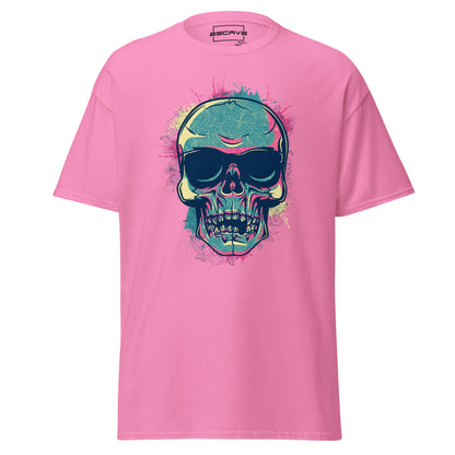 Colourful skull graphic T-shirt featuring an intricately designed skull with detailed engravings, sunglasses, and dynamic splatter effects around it. A bold, artistic statement piece.