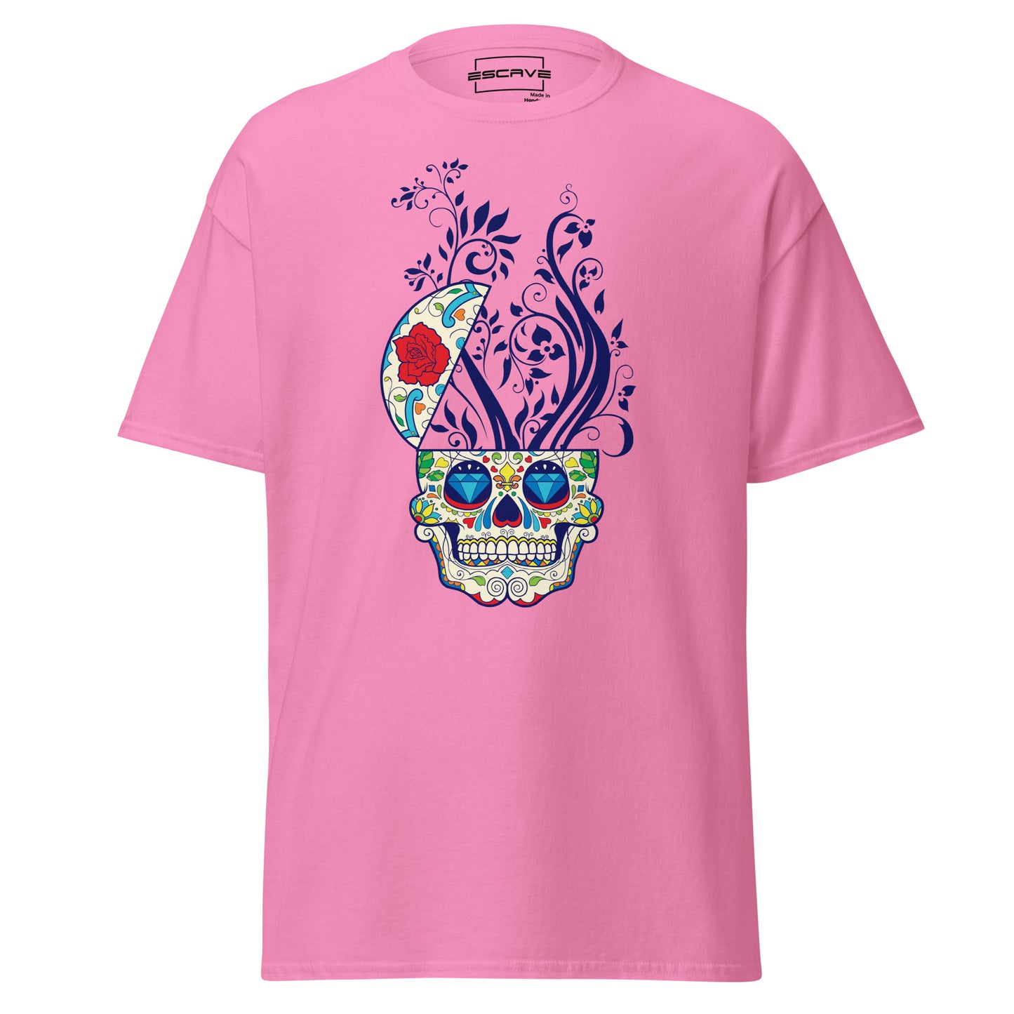 premium t-shirt featuring a vibrant sugar skull graphic, made from 100% cotton for a soft, comfortable fit.