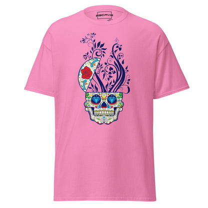 premium T-shirt featuring a vibrant sugar skull graphic, made from 100% cotton for a soft, comfortable fit.