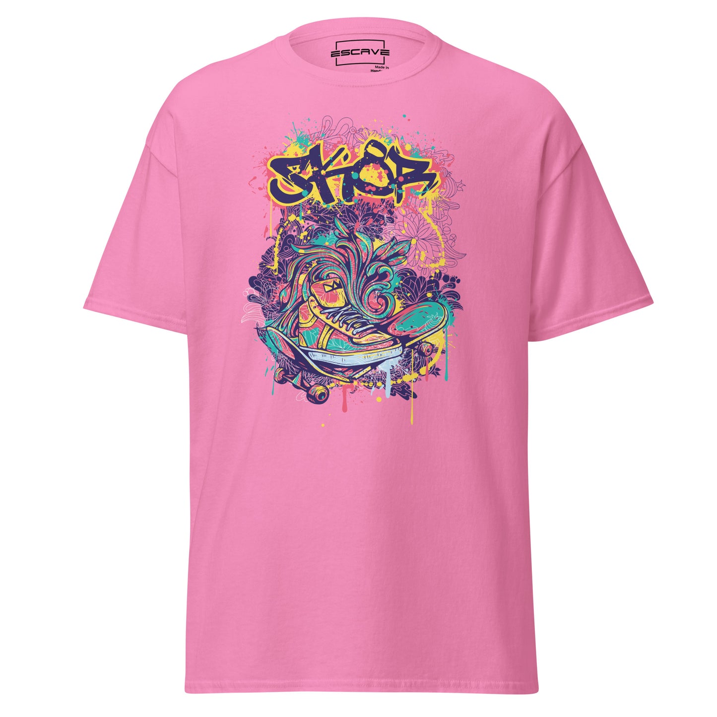 this t-shirt features vibrant graffiti-style artwork with a neon-colored skate shoe surrounded by dynamic splashes of color, representing urban street culture and energy.