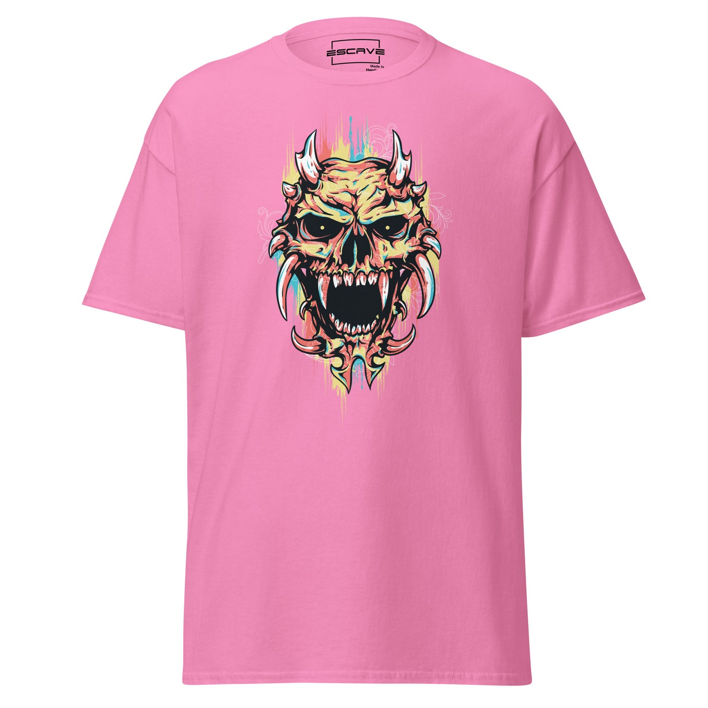 t-shirt featuring a bold design of a fierce demonic skull with sharp horns, intricate gothic details, and vivid, fiery accents