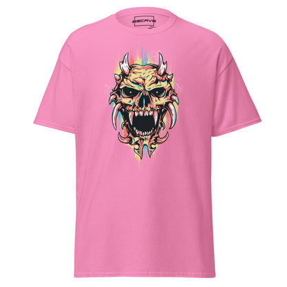 T-shirt featuring a bold design of a fierce demonic skull with sharp horns, intricate Gothic details, and vivid, fiery accents