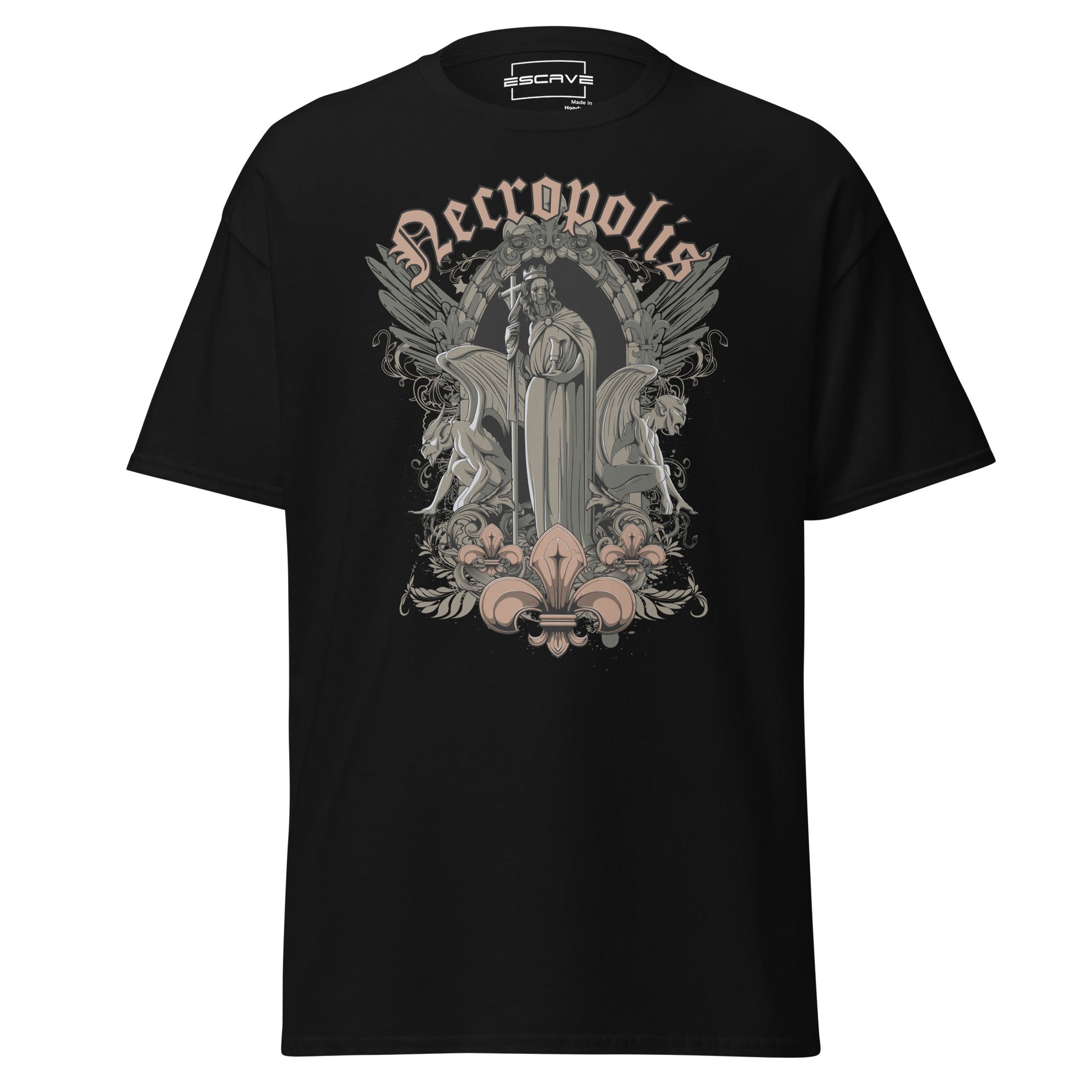 Unisex black T-shirt featuring a detailed illustration of skeletal reapers rising from graves in a spooky graveyard setting, crafted from 100% cotton for comfort and durability.