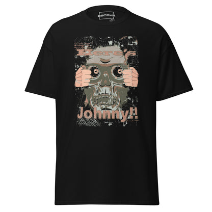 Unisex classic T-shirt featuring a bold Here’s Johnny design, made from 100% cotton for a soft, breathable, and comfortable fit.