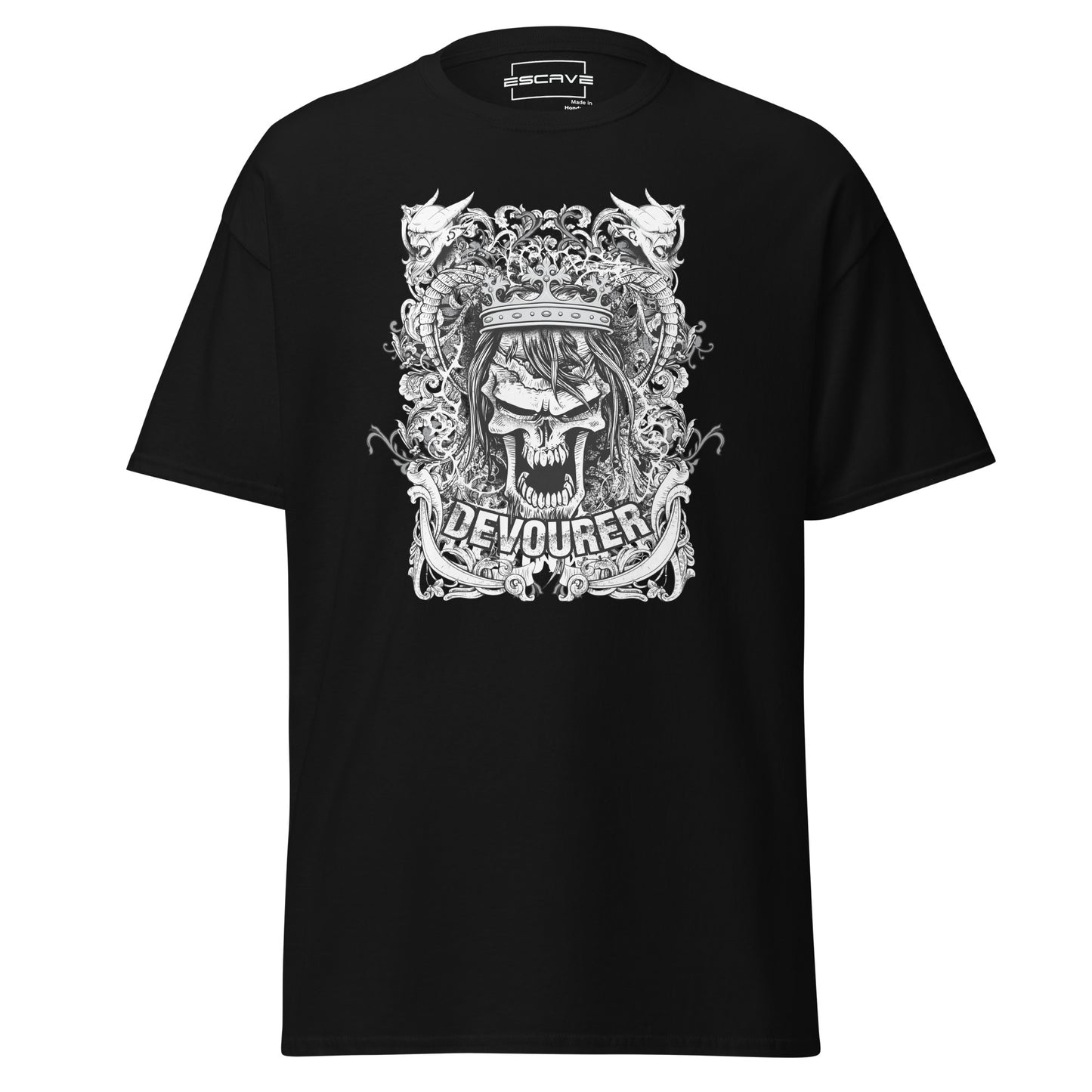 gothic t-shirt featuring a crowned skull with intricate baroque frame details and fierce demon horns, blending dark elegance with bold, modern design elements.