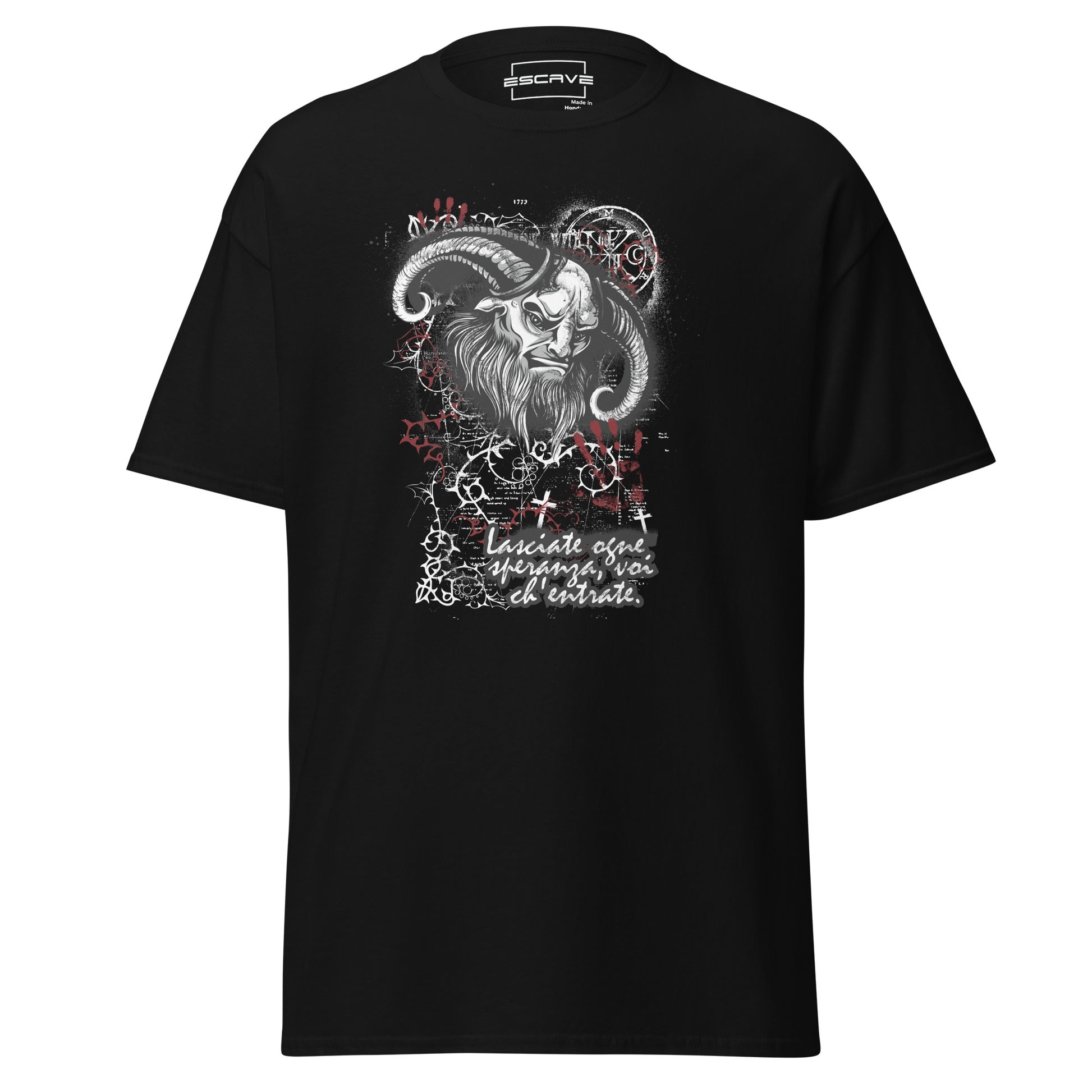 T-shirt featuring a bold graphic of a devil, Satan, and hell-themed skull, made from 100% cotton for a comfortable fit.