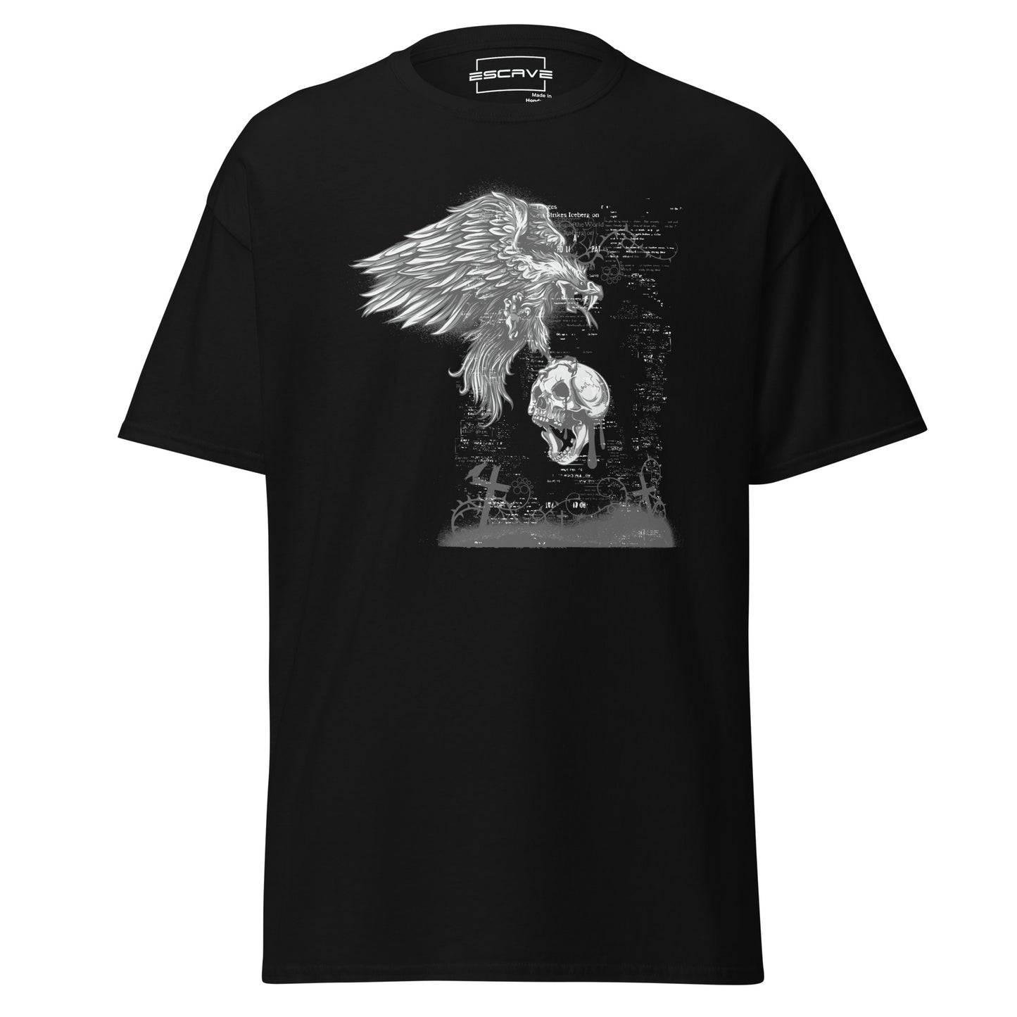 t-shirt featuring a powerful design of a soaring bird of prey above a detailed skull, symbolizing strength, freedom, and resilience.