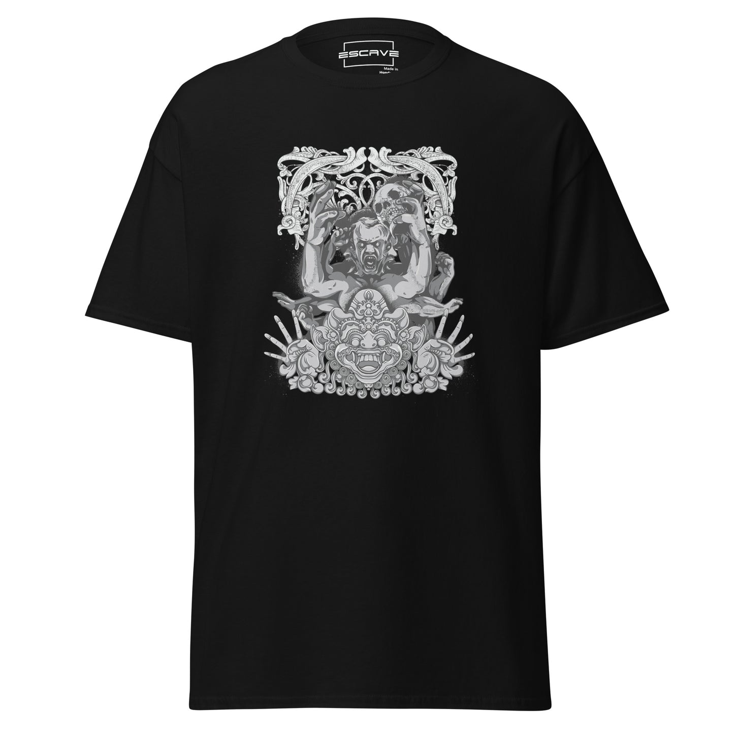 graphic t-shirt featuring an intricate design of an ogre and a bali demon in a dramatic gothic style, showcasing sharp details and dark, mythical artistry.