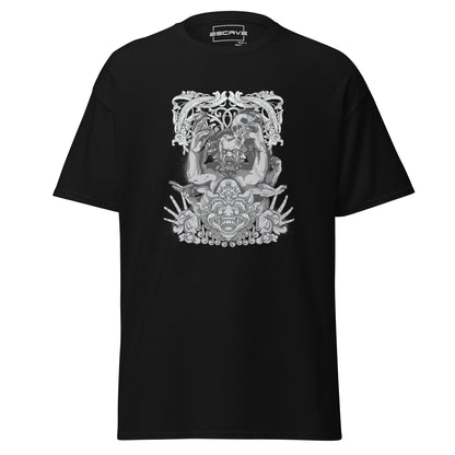 Graphic T-shirt featuring an intricate design of an ogre and a Bali demon in a dramatic Gothic style, showcasing sharp details and dark, mythical artistry.