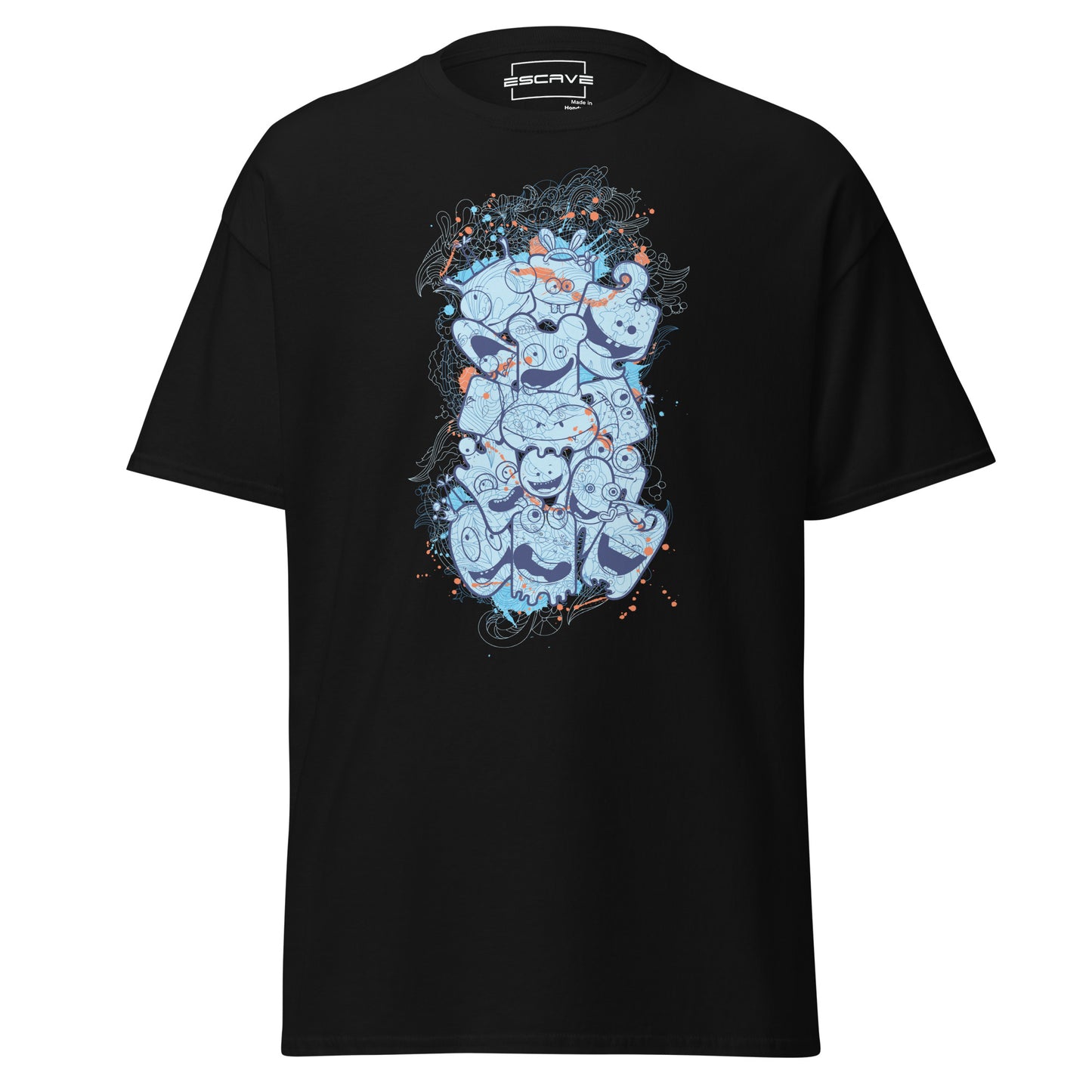 abstract graphic t-shirt featuring a vibrant doodle-style design of quirky cartoon faces and intricate patterns in blue and orange tones, set against a solid background. perfect for bold and creative fashion statements.