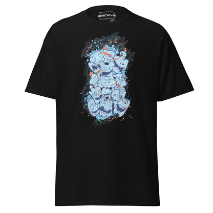 Abstract graphic T-shirt featuring a vibrant doodle-style design of quirky cartoon faces and intricate patterns in blue and orange tones, set against a solid background. Perfect for bold and creative fashion statements.