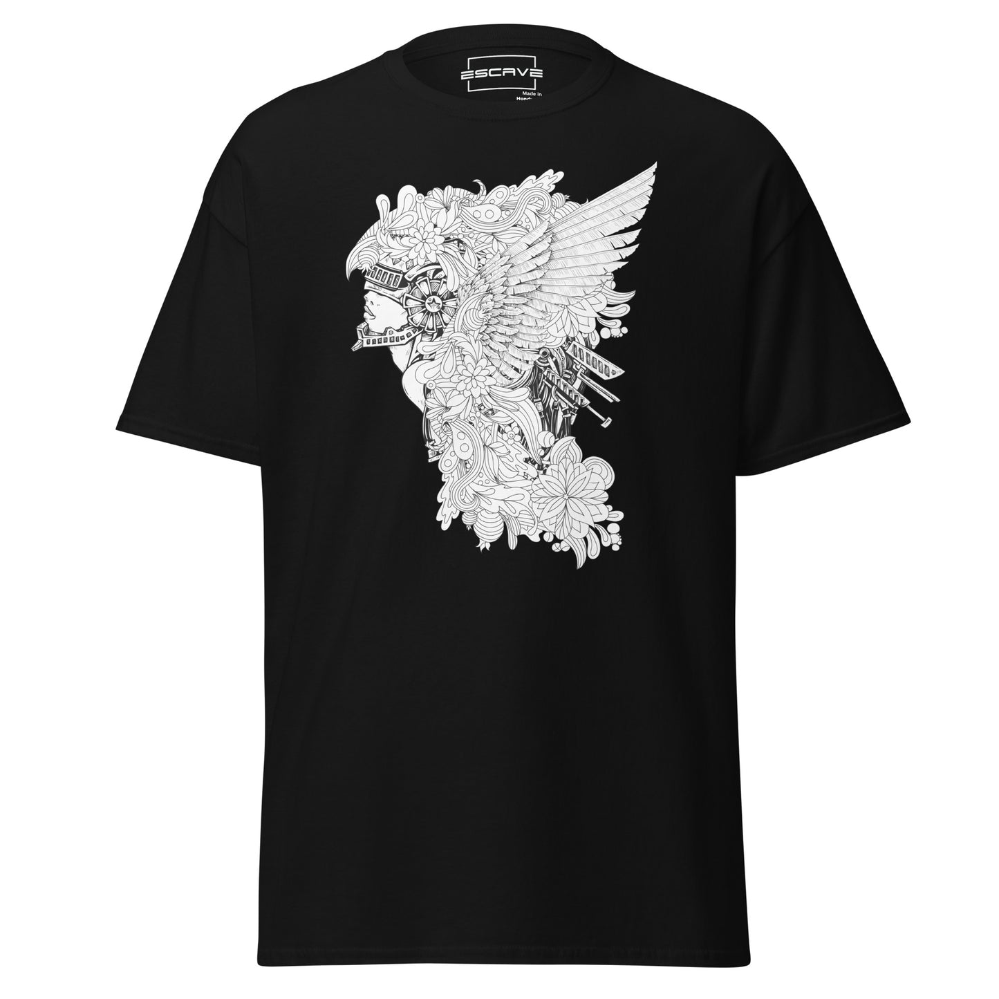 product mockupwinged fusion floral-mech art t-shirt featuring a unique design blending wings, floral patterns, and mechanical details with a mythological face or helmet.