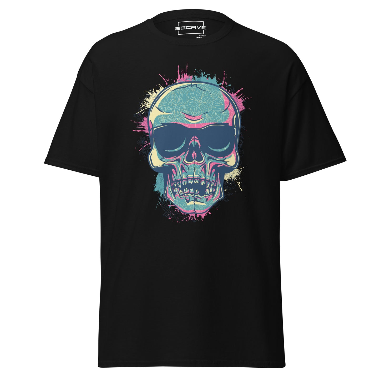 colourful skull graphic t-shirt featuring an intricately designed skull with detailed engravings, sunglasses, and dynamic splatter effects around it. a bold, artistic statement piece.