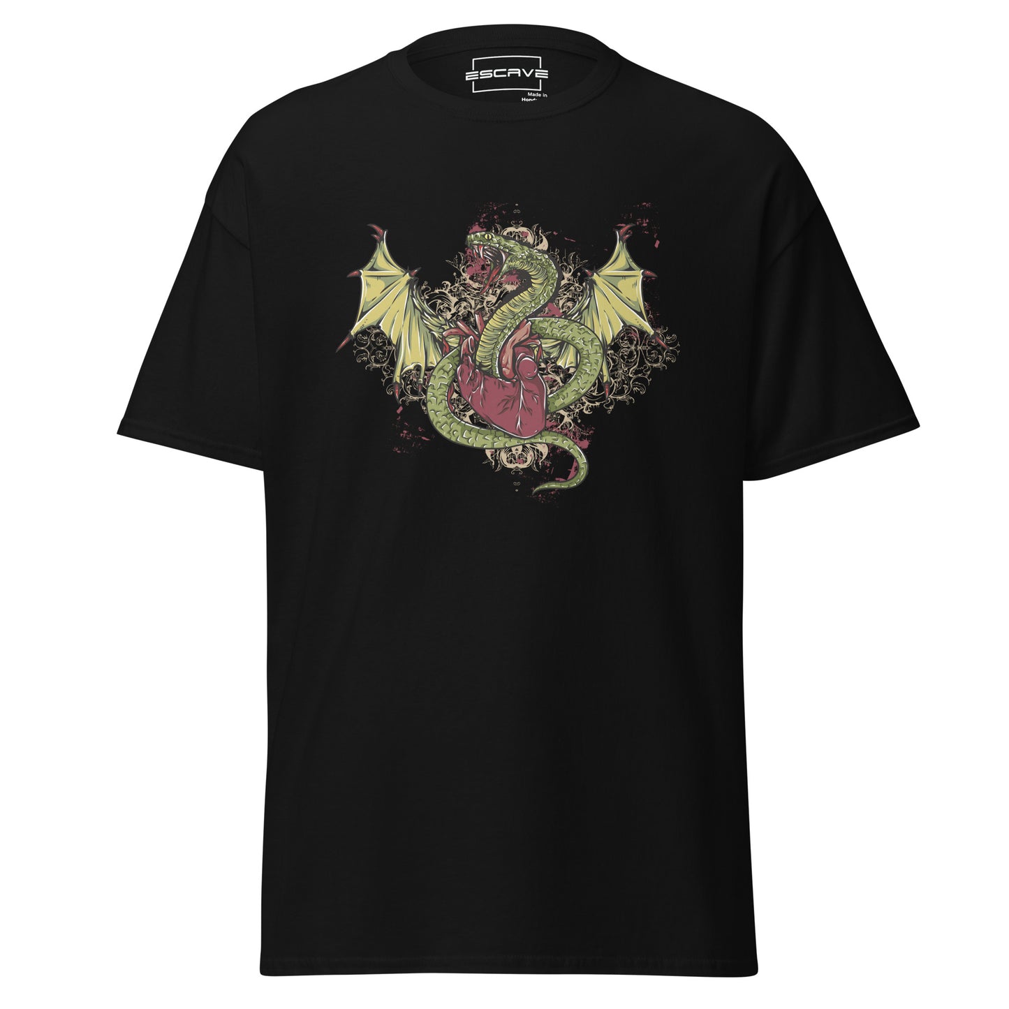 t-shirt featuring an intricate design of a mystical dragon entwined with a serpent, crafted from 100% cotton for a soft and comfortable fit.