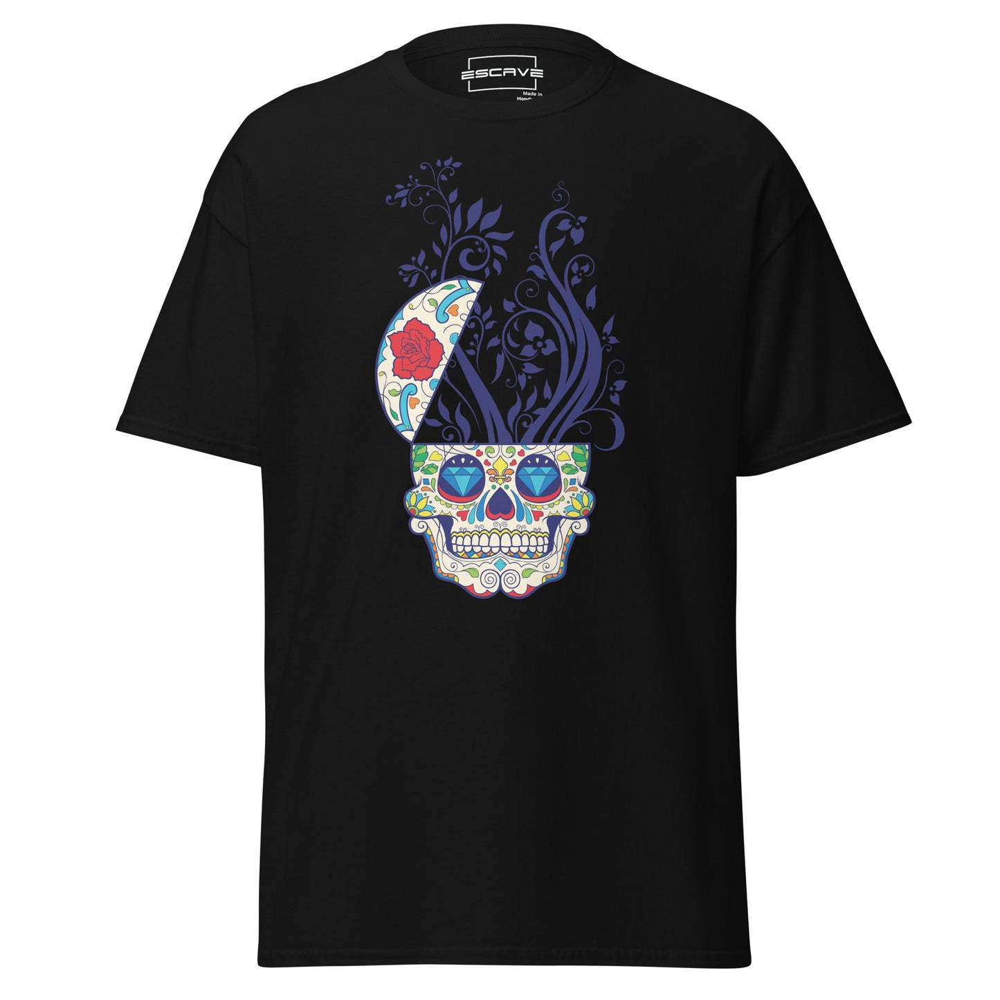 premium t-shirt featuring a vibrant sugar skull graphic, made from 100% cotton for a soft, comfortable fit.