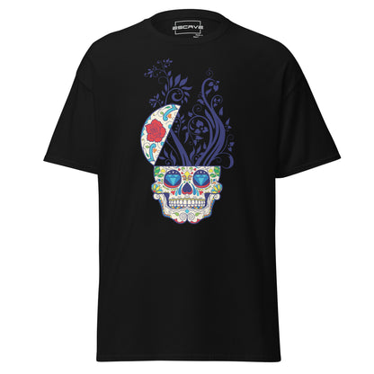 premium T-shirt featuring a vibrant sugar skull graphic, made from 100% cotton for a soft, comfortable fit.