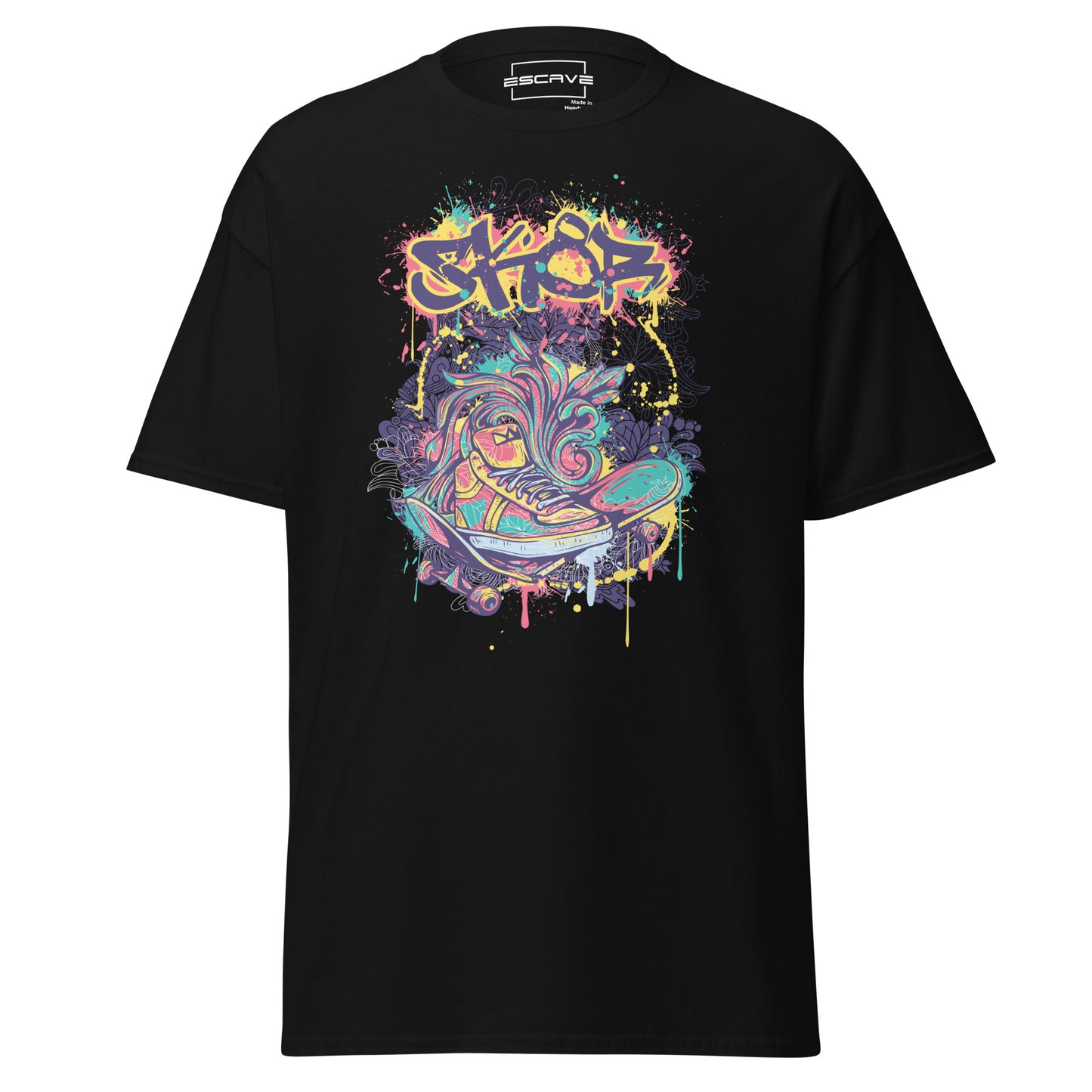 this t-shirt features vibrant graffiti-style artwork with a neon-colored skate shoe surrounded by dynamic splashes of color, representing urban street culture and energy.