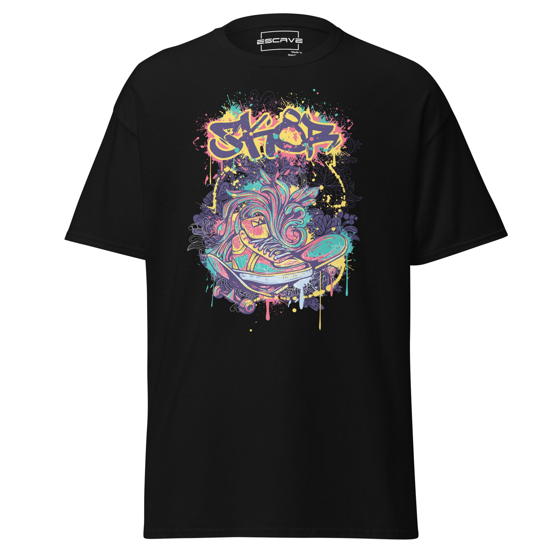 This t-shirt features vibrant graffiti-style artwork with a neon-colored skate shoe surrounded by dynamic splashes of color, representing urban street culture and energy.