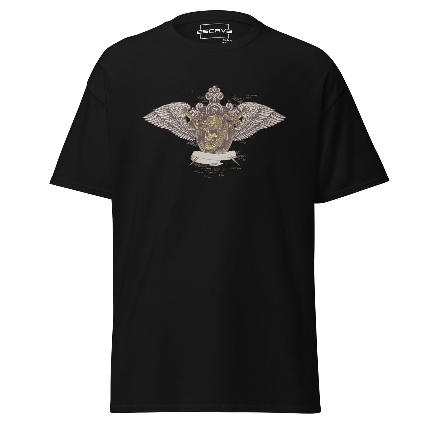 winged skull emblem unisex t-shirt featuring a golden skull in an intricate emblem with outstretched wings, vintage banner, and gothic ornamental patterns.