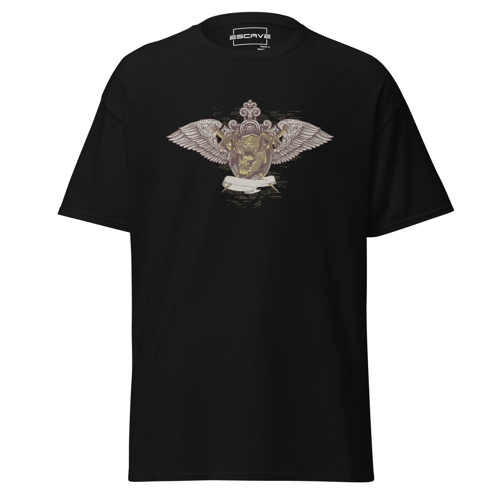 Winged Skull Emblem Unisex T-Shirt featuring a golden skull in an intricate emblem with outstretched wings, vintage banner, and gothic ornamental patterns.