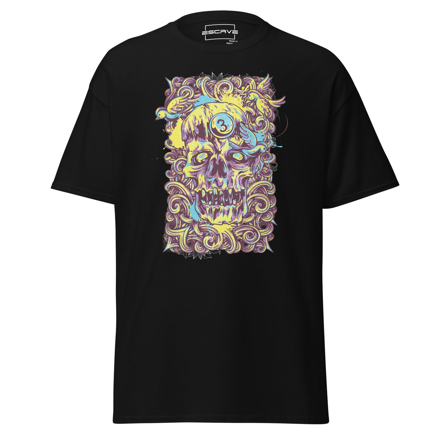 unisex classic t-shirt featuring a bold design of a monster skull with curling horns, made from 100% cotton for a soft, comfortable fit.