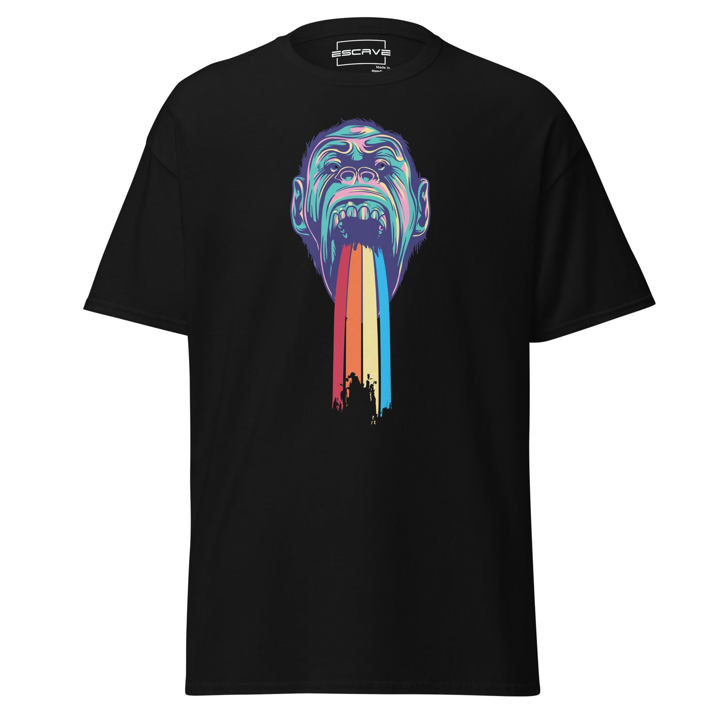 the monkey rainbow oversized t-shirt features a playful monkey surrounded by a vibrant rainbow, celebrating joy, freedom, and carefree living. a whimsical design paired with ultimate comfort for a fun and colorful style.