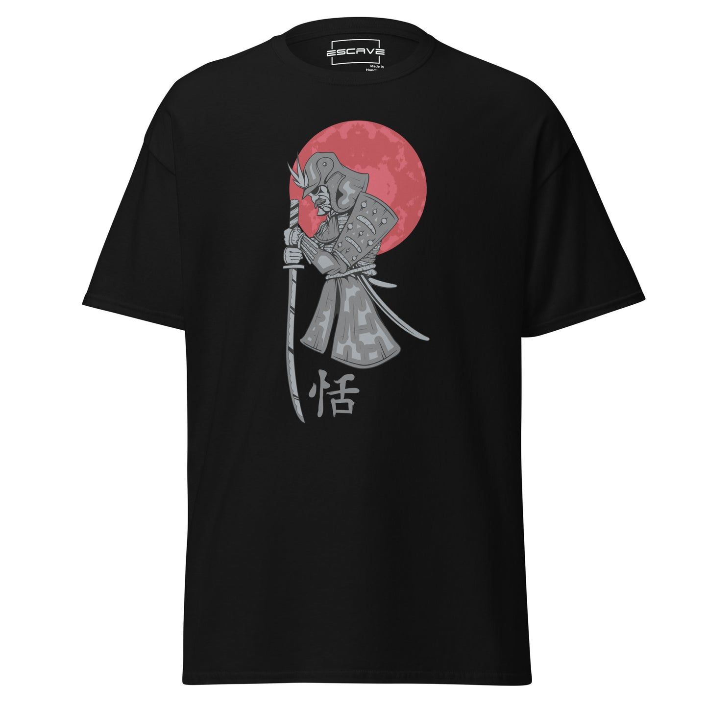 the samurai blood moon t-shirt features a fearsome samurai's katana and a crimson glowing moon against blood-red skies, symbolizing strength, honor, and ancient legends. a bold design for those who embrace the warrior spirit.