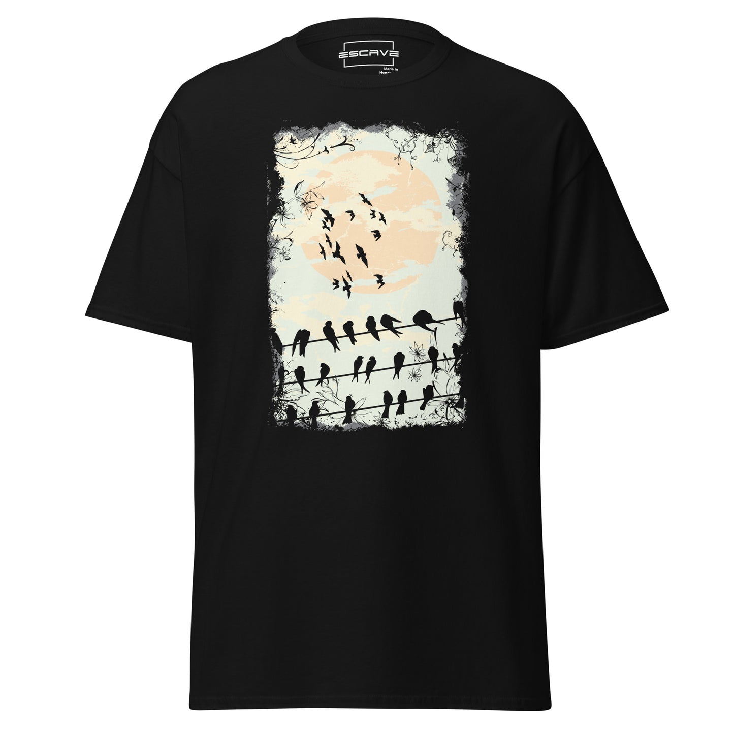 birds at twilight t-shirt featuring silhouettes of birds perched on wires against a glowing moonlit sky, symbolizing freedom, connection, and the beauty of nature's transitions