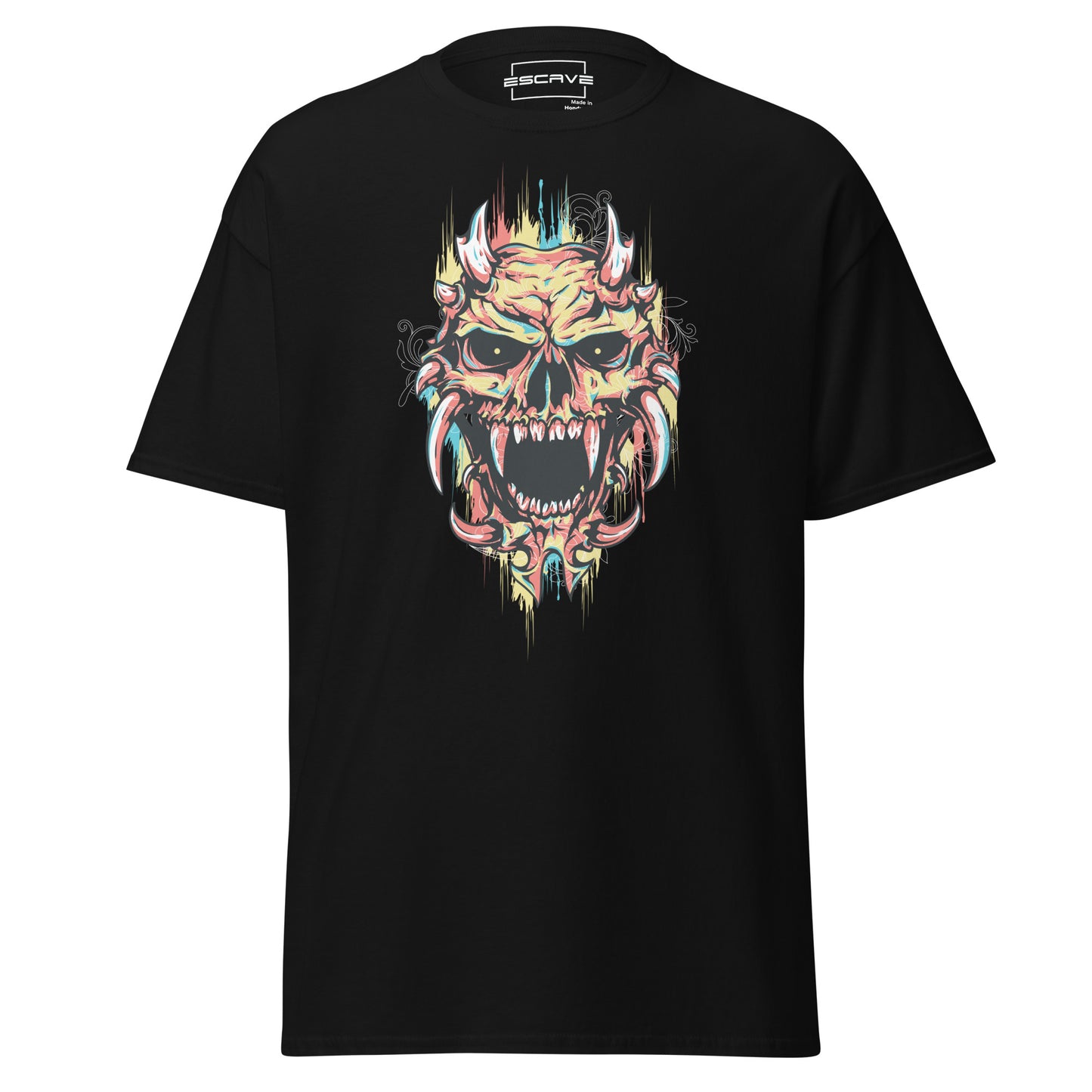 t-shirt featuring a bold design of a fierce demonic skull with sharp horns, intricate gothic details, and vivid, fiery accents