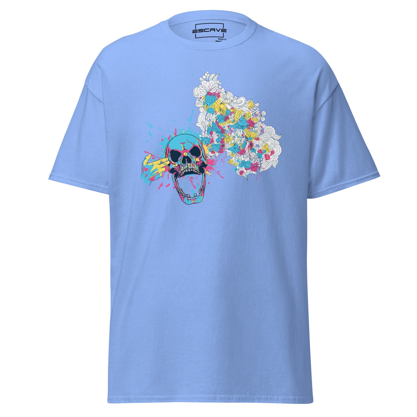 a weathered skull surrounded by soft, blooming flowers symbolizes life's delicate balance in the skull and blossoms t-shirt. this artistic design captures the harmony between strength and grace, blending bold contrasts with timeless beauty.