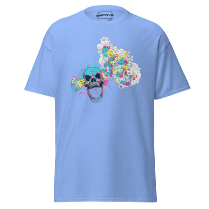 A weathered skull surrounded by soft, blooming flowers symbolizes life's delicate balance in the Skull and Blossoms T-Shirt. This artistic design captures the harmony between strength and grace, blending bold contrasts with timeless beauty.