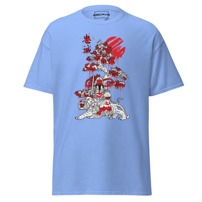 Unisex T-shirt featuring a detailed illustration of a mystical Japanese knight in traditional armor, with vibrant fantasy elements and a warrior spirit, crafted from 100% cotton for comfort and durability.