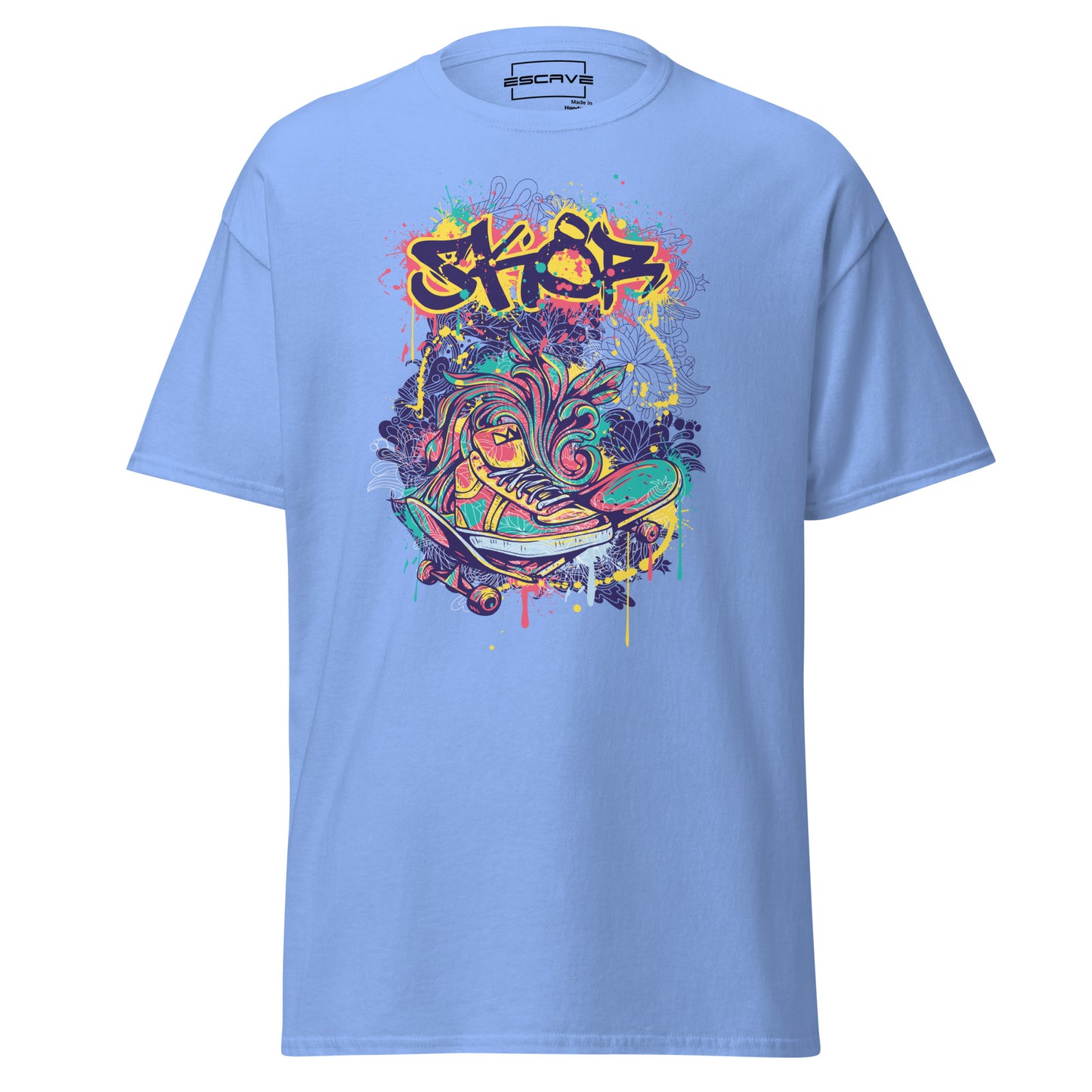 this t-shirt features vibrant graffiti-style artwork with a neon-colored skate shoe surrounded by dynamic splashes of color, representing urban street culture and energy.