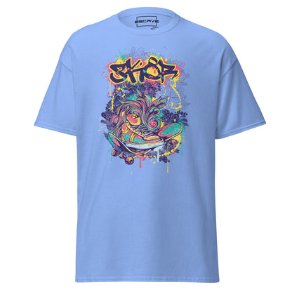 This t-shirt features vibrant graffiti-style artwork with a neon-colored skate shoe surrounded by dynamic splashes of color, representing urban street culture and energy.