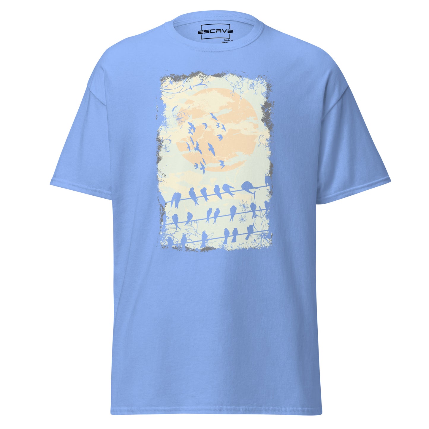 birds at twilight t-shirt featuring silhouettes of birds perched on wires against a glowing moonlit sky, symbolizing freedom, connection, and the beauty of nature's transitions